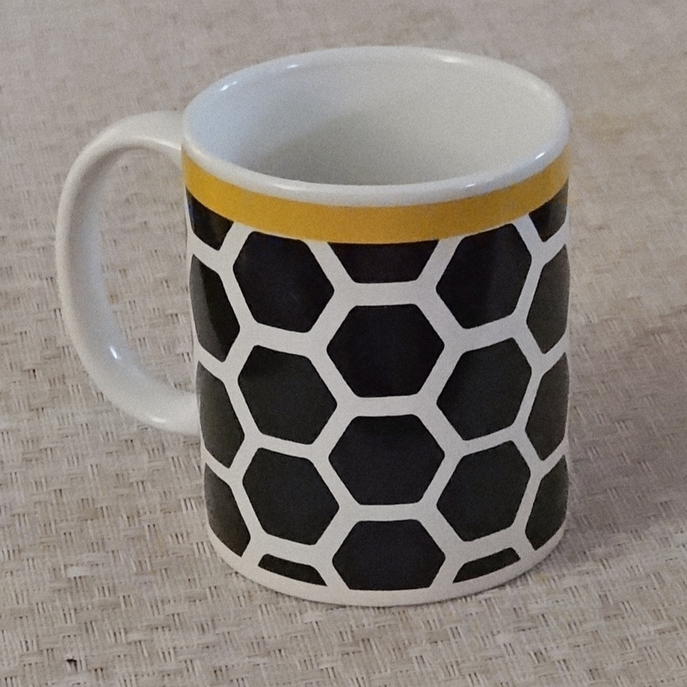 Fun Beehive Design Black and White Coffee Mug with Yellow Trim